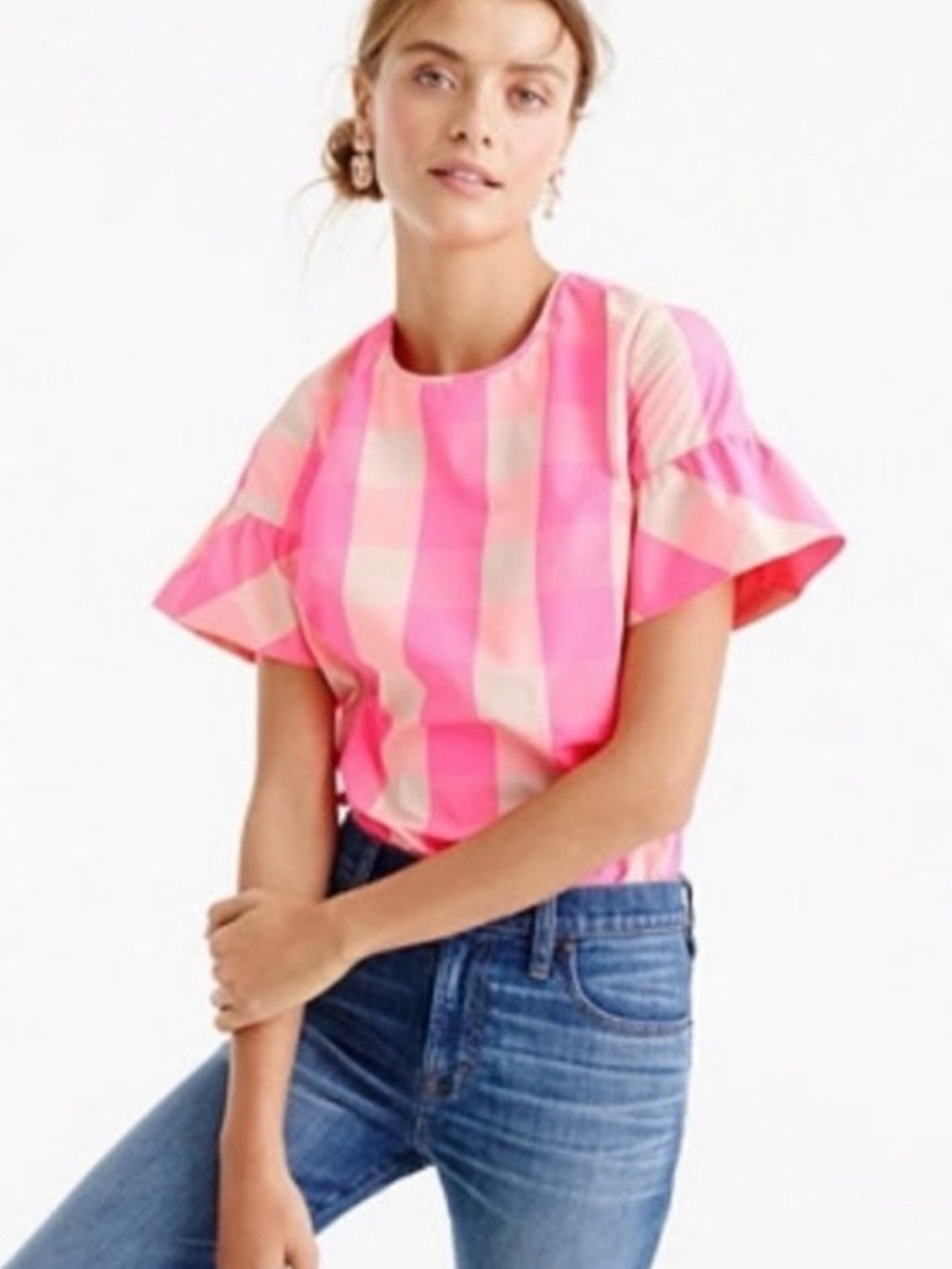 J. Crew Ruffle Sleeve Top in Neon Buffalo Check
